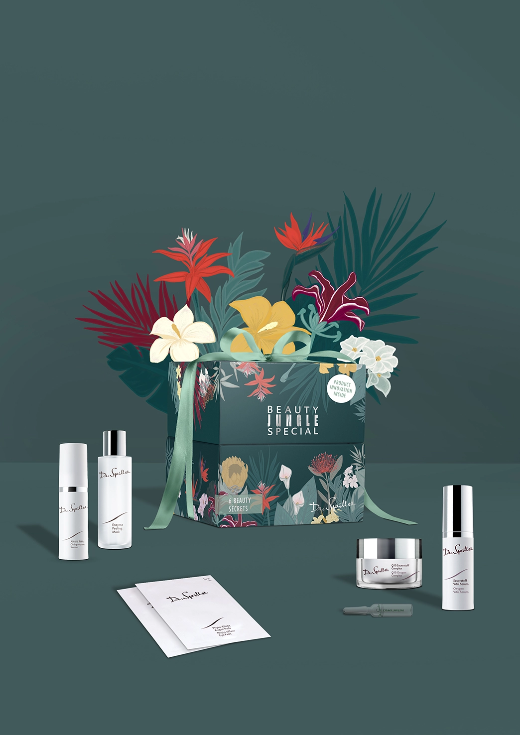 Dr. Spiller BEAUTY-JUNGLE Geschenkset auf grünem Hintergrund